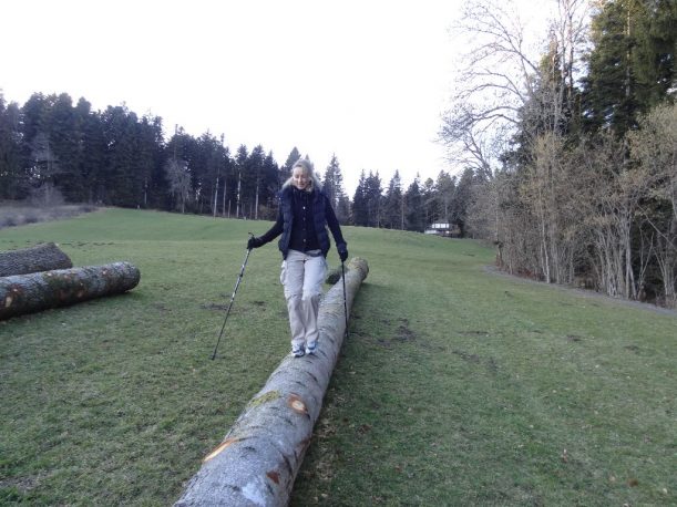 Balancieren auf einem Baumstaum