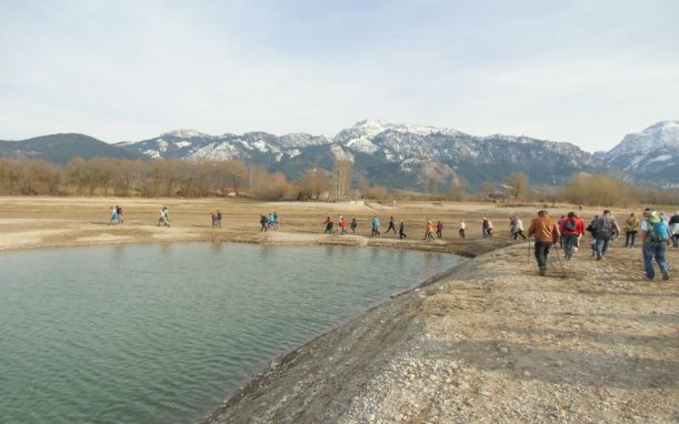 Forggensee mit schneebedeckten Ammergauer Alpen