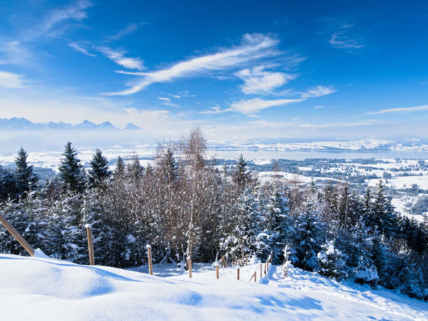 Aussicht Buchenbergalm Winter Allgäuer Alpen Alpenvorland im Ostallgäu